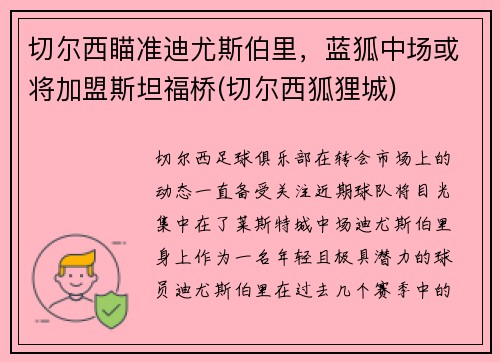 切尔西瞄准迪尤斯伯里，蓝狐中场或将加盟斯坦福桥(切尔西狐狸城)