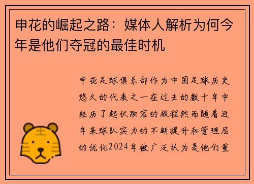 申花的崛起之路：媒体人解析为何今年是他们夺冠的最佳时机