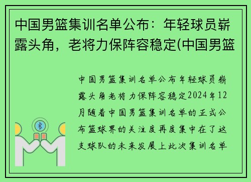 中国男篮集训名单公布：年轻球员崭露头角，老将力保阵容稳定(中国男篮集训队首次人员调整 新闻)