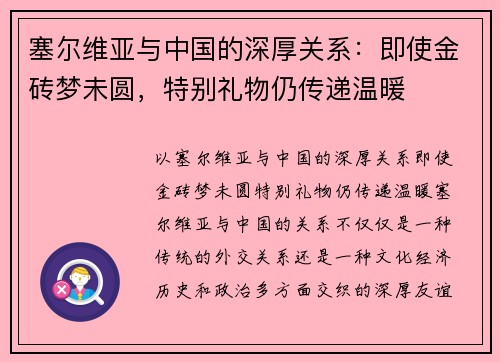 塞尔维亚与中国的深厚关系：即使金砖梦未圆，特别礼物仍传递温暖